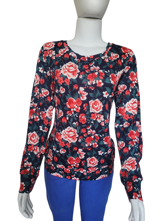 Blusa Floral (azul marinho/verde) Manga Longa em Linha - Pop me