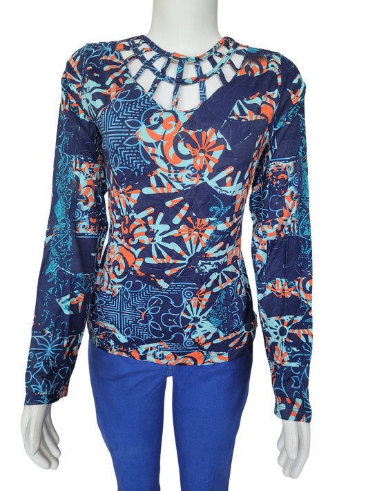 Blusa Estampada (azul/laranja) ML - Quintess