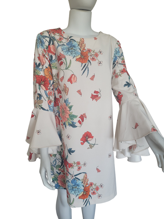 Vestido Branco Estampa Floral Curto - Manga longa com babados - Zara